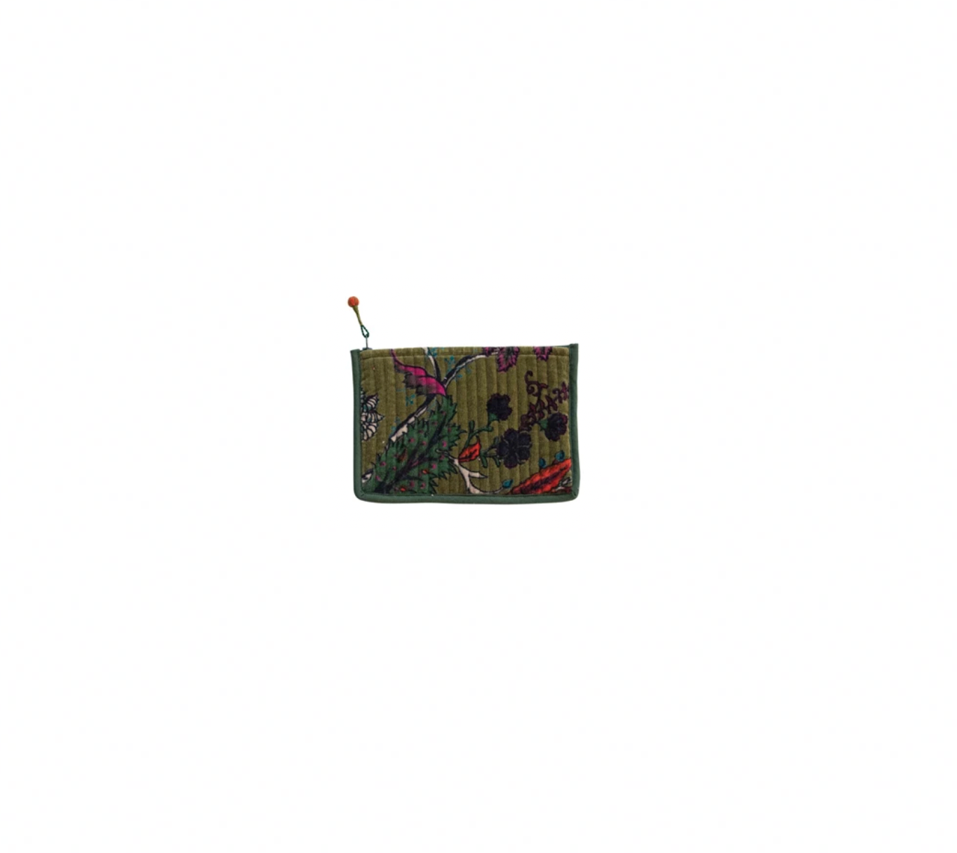 Cotton Velvet Zip Pouch - Olive Green Florals