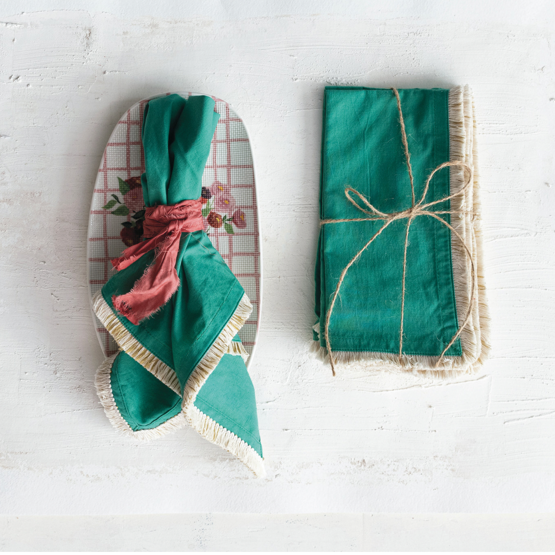 Cotton Napkins w/ Metallic Gold Thread Fringe - Set of 4