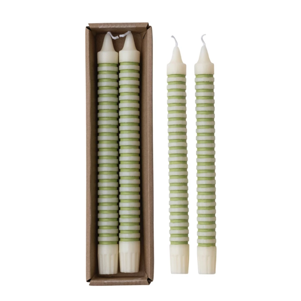 Unscented Striped Taper Candles in Box - Green & White