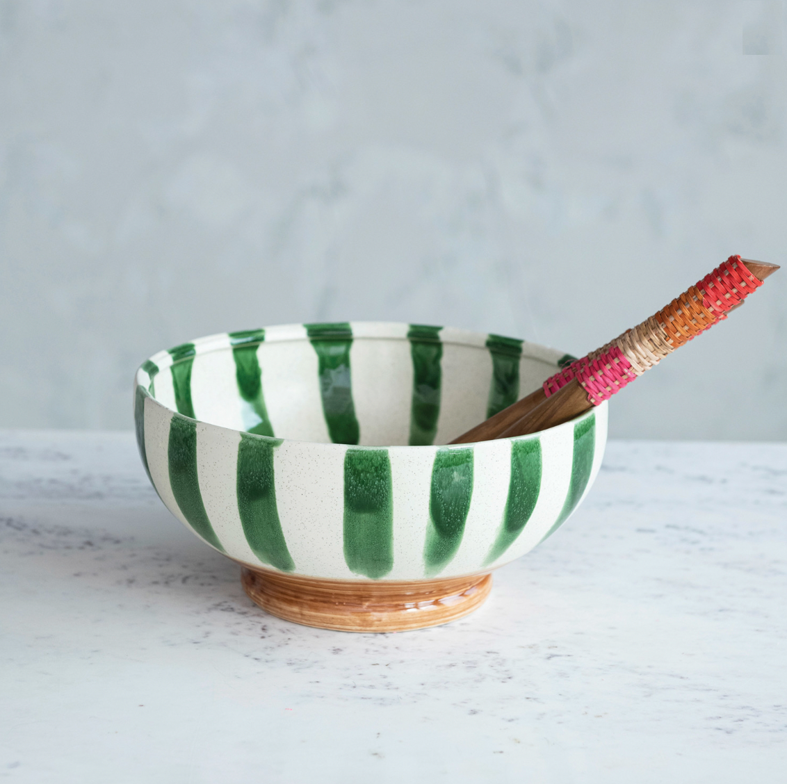 Hand-Painted Stoneware Footed Bowl - Green Stripes