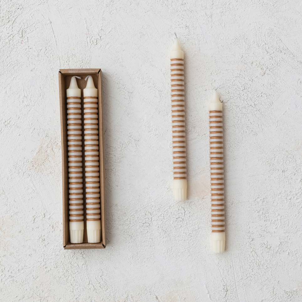 Unscented Striped Taper Candles in Box - Tan