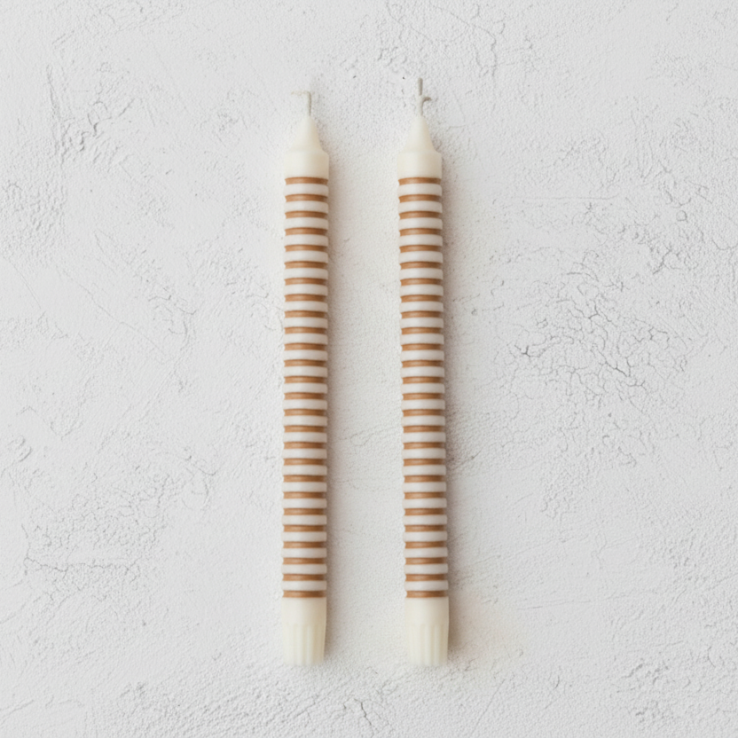 Unscented Striped Taper Candles in Box - Tan
