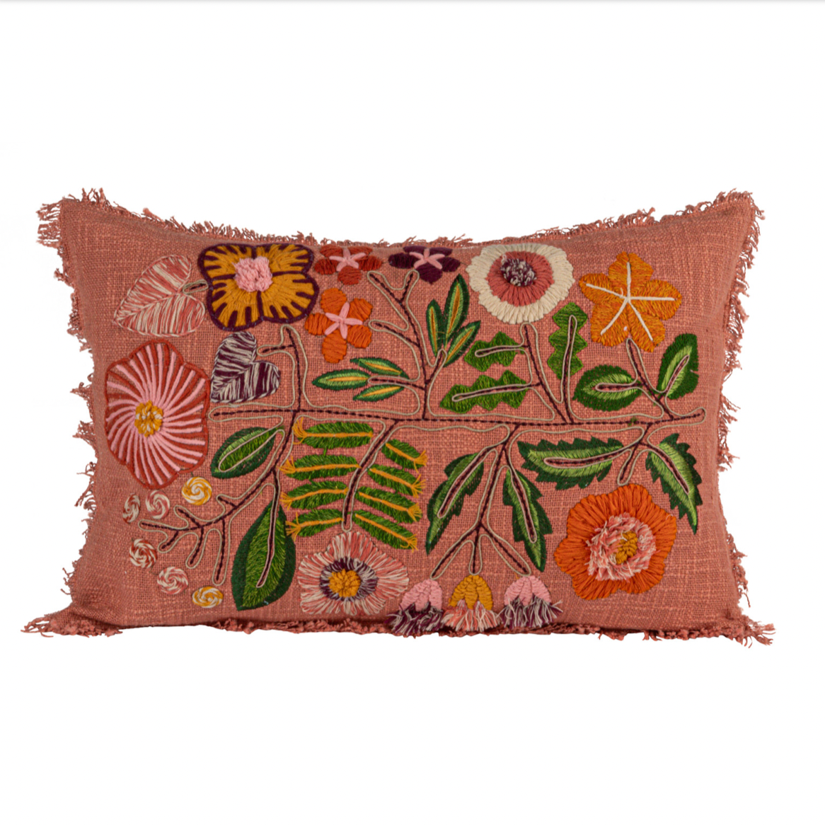 Cotton Lumbar Pillow w/ Embroidered Flowers & Eyelash Fringe