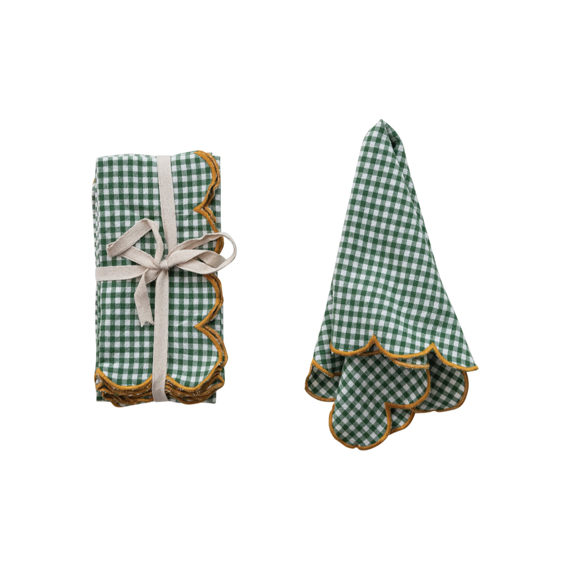 Cotton Scalloped Green Checkered Napkins - Set of 4