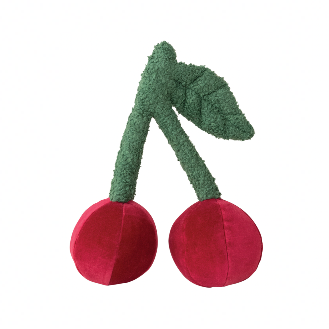 Cotton Velvet Cherry Shaped Pillow w/ Faux Sherpa Stem