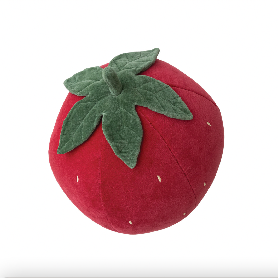 Cotton Velvet Strawberry Shaped Pillow w/ Embroidery