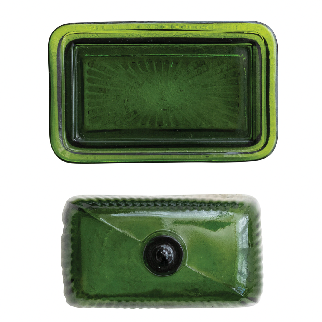 6-1/2"L x 4"W x 4-3/4"H Pressed Ribbed Glass Butter Dish, Green
