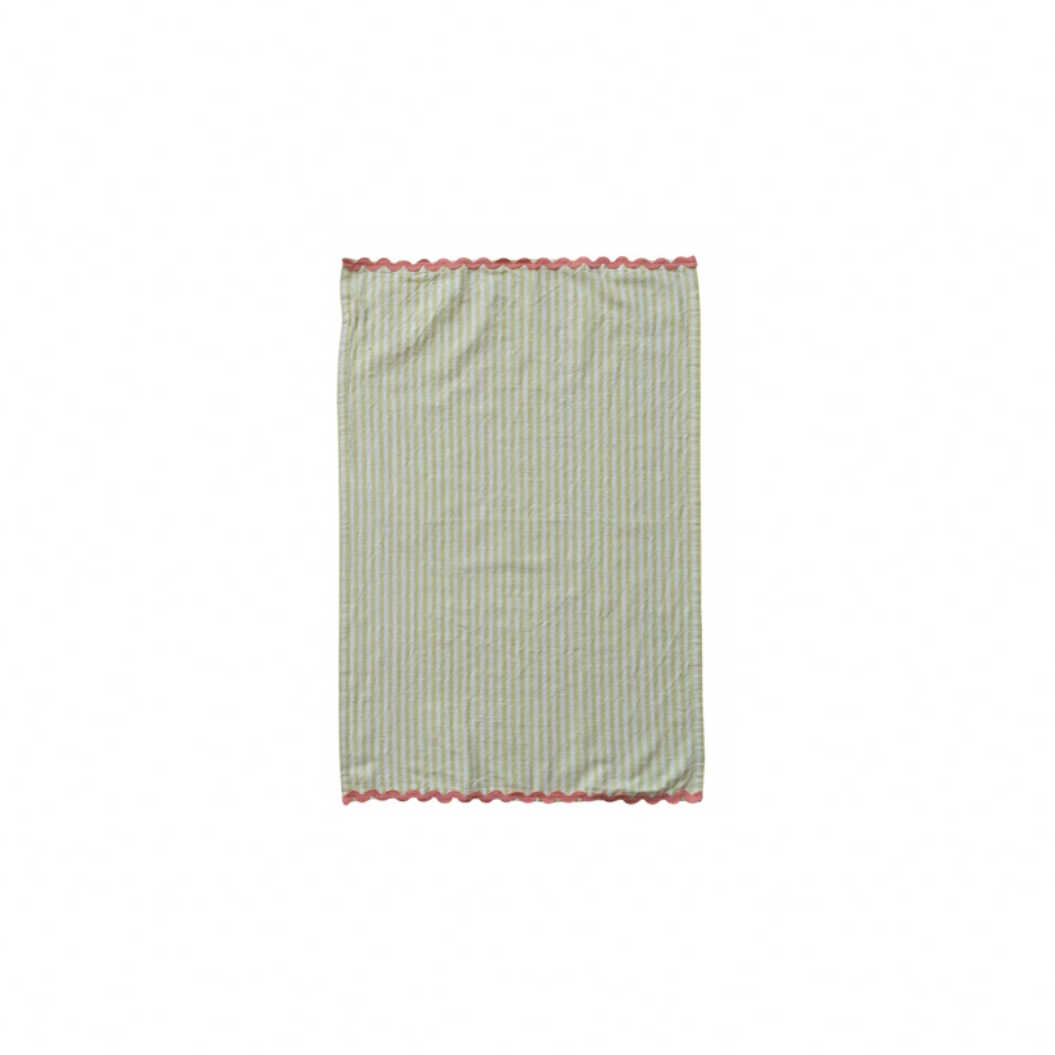 Woven Cotton Striped Tea Towel with Ric Rac Trim. Light GREEN STRIPED