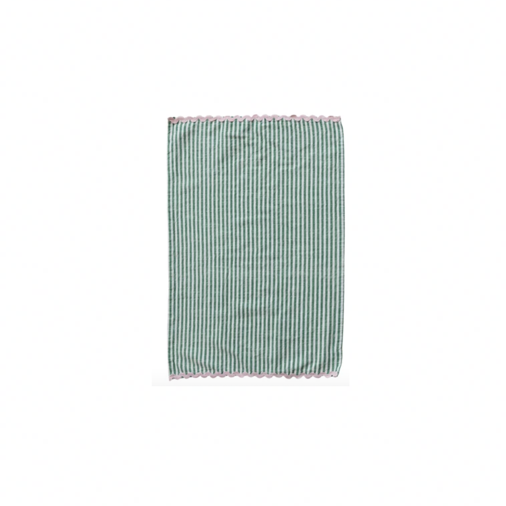 Woven Cotton Striped Tea Towel with Ric Rac Trim. DARK GREEN STRIPED