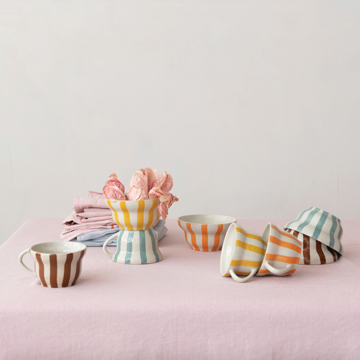Hand-Painted Stoneware Striped Bowl - 4 Colors