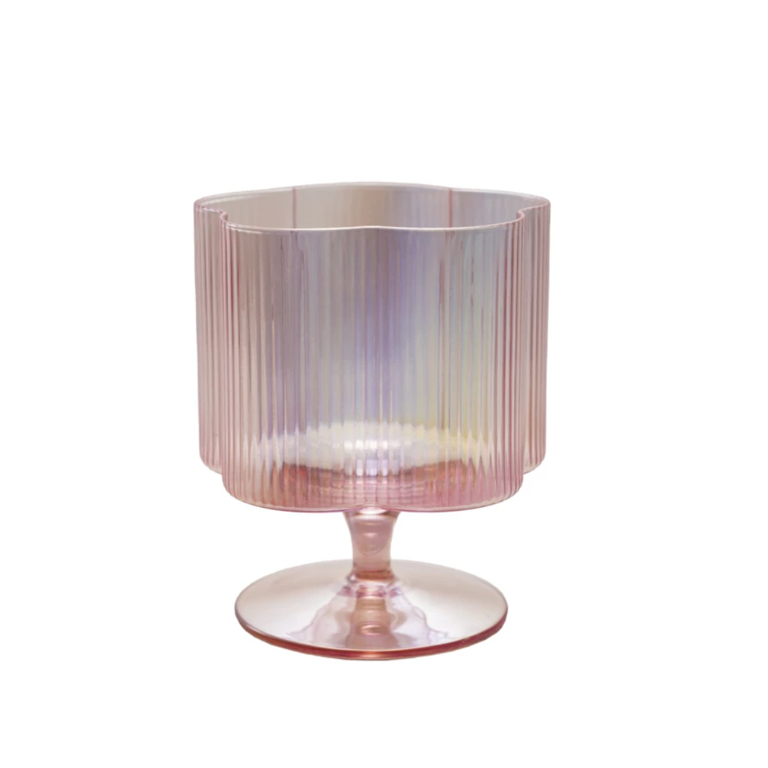 Hand-Blown Pleated Flower Shaped Stemmed Wine Glass - Pink