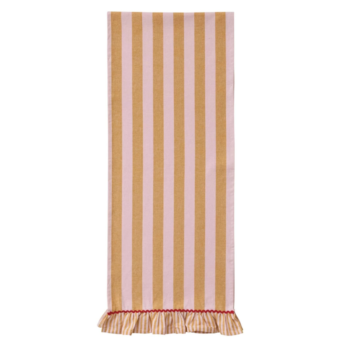 Woven Cotton Striped Table Runner w/ Ruffle & Ric Rac Trim - Pink & Mustard