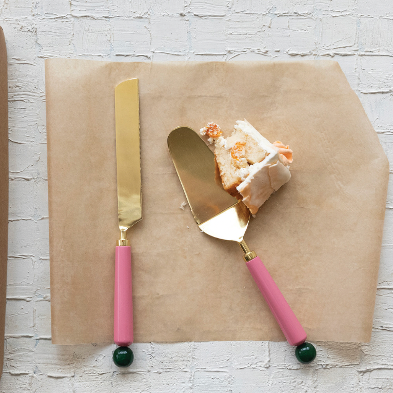 Stainless Steel Cake Servers with Resin Handles W/ Gold Finish - Boxed Set of 2