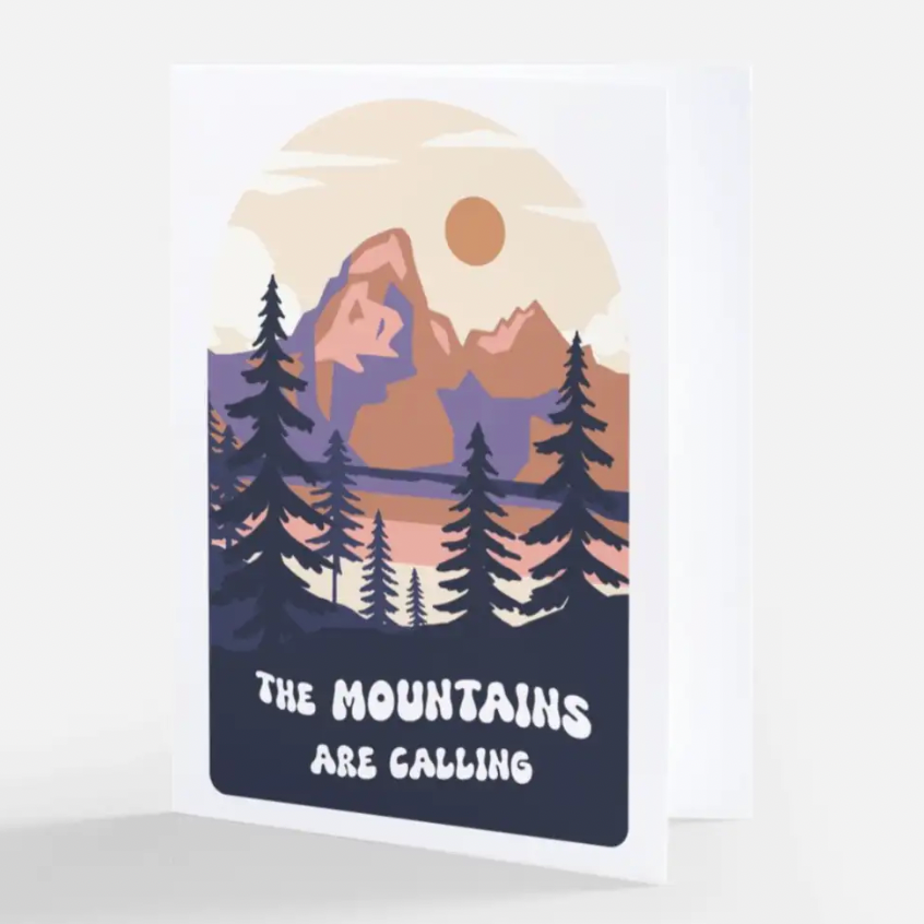 Card with mountain and tree design and 'The Mountains Are Calling' text on a white background