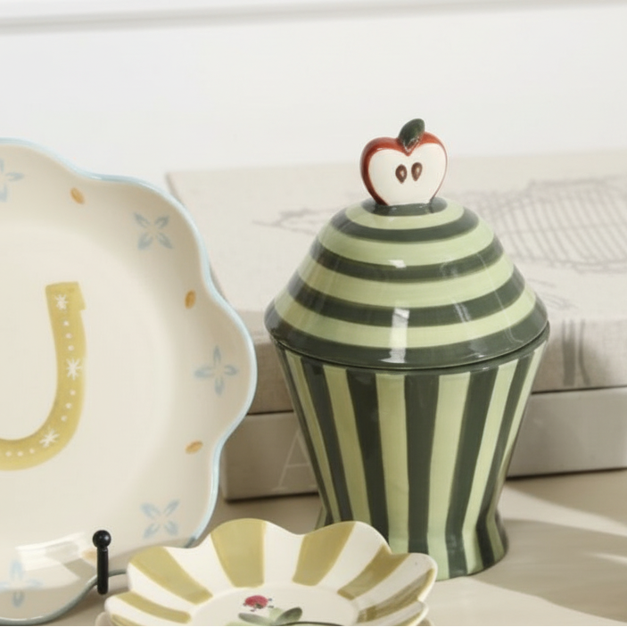 Decorative ceramic jars with unique designs on a white surface