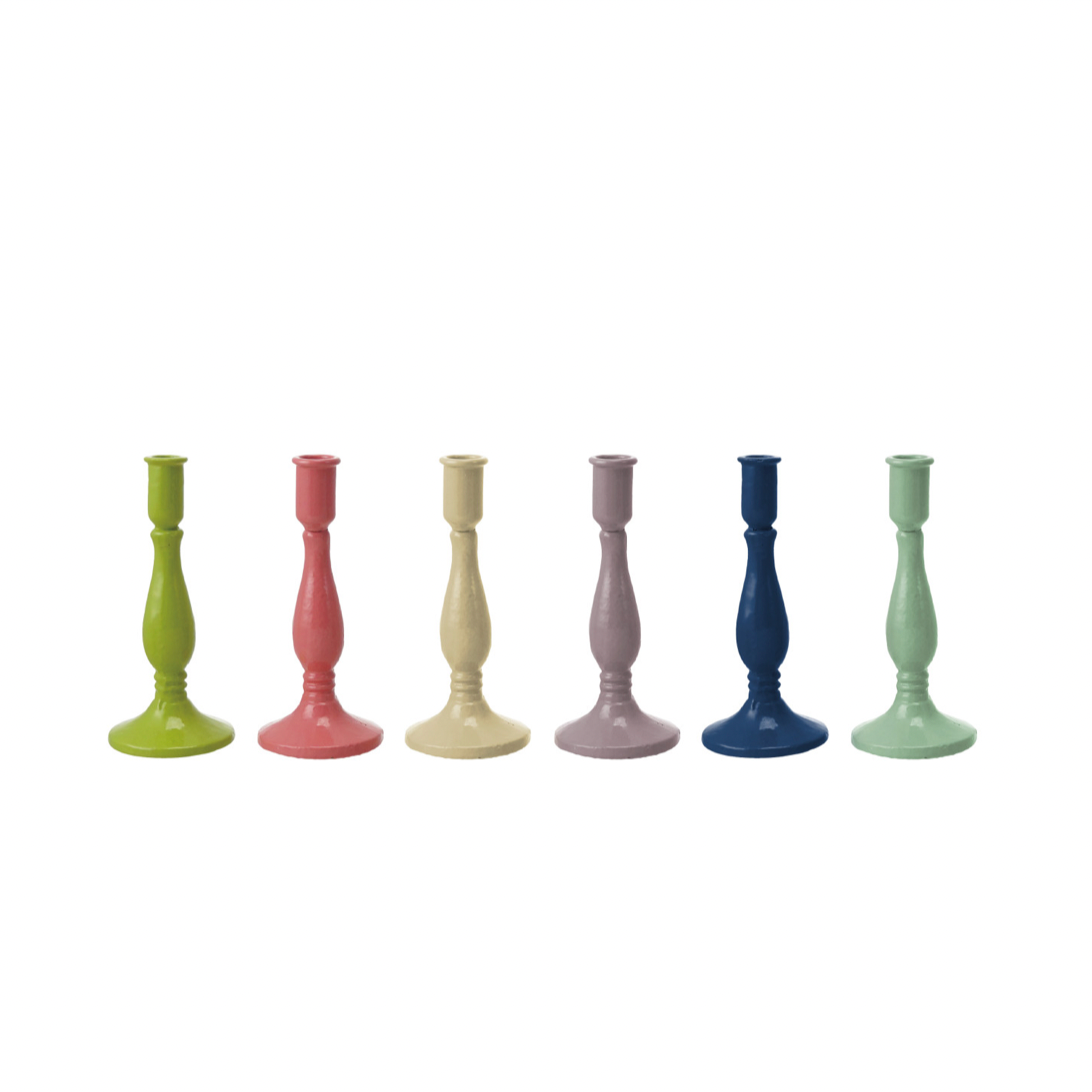 Set of six colorful candle holders on a white background