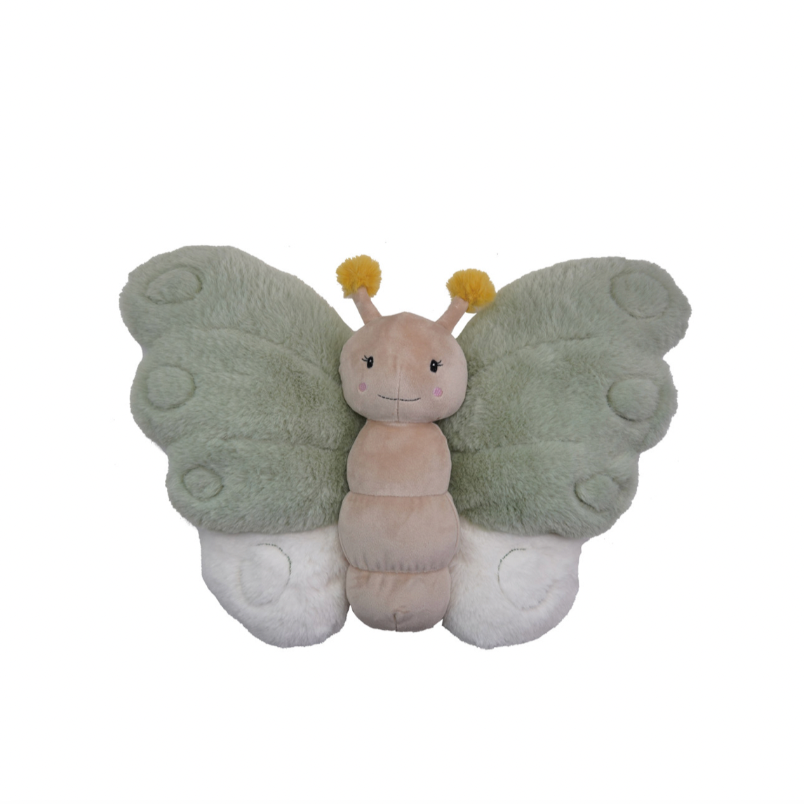 Plush toy butterfly with green wings on a white background