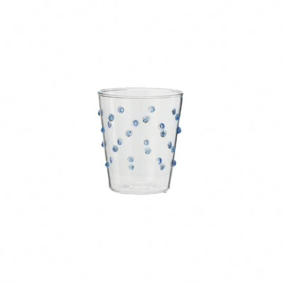 Clear glass with blue dots on a white background