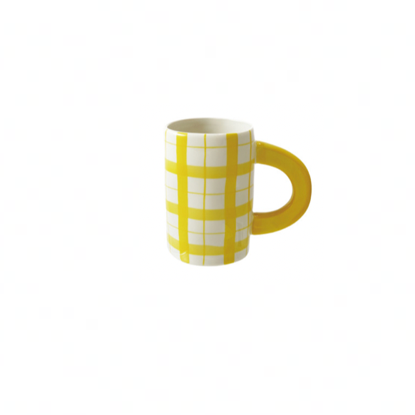 Hand-Painted Stoneware Mug w/ Plaid Pattern - Yellow