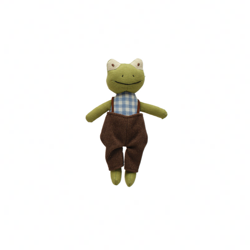 Plush toy frog wearing overalls and a checkered shirt on a white background