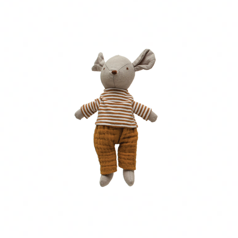 Stuffed toy mouse in a striped shirt and brown pants on a white background