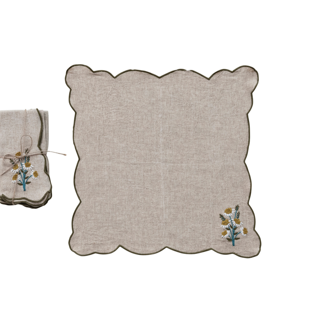 Scalloped Napkins with Contrasting Stitched Edges - Set of 4