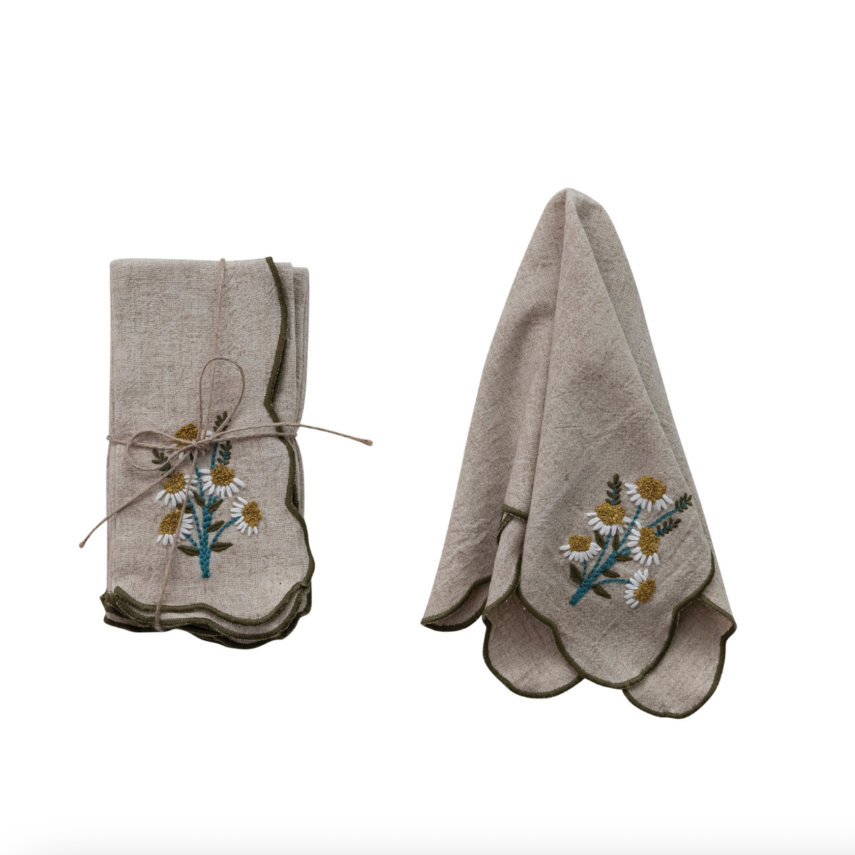 Scalloped Napkins with Contrasting Stitched Edges - Set of 4