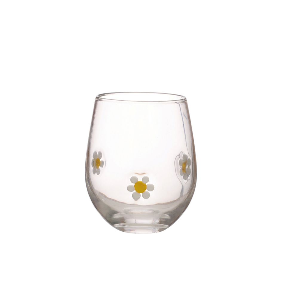 Clear glass with daisy designs on a white background