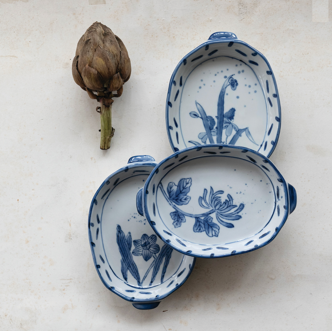 Hand-Painted Blue Floral Stoneware Baker - 3 Style Options