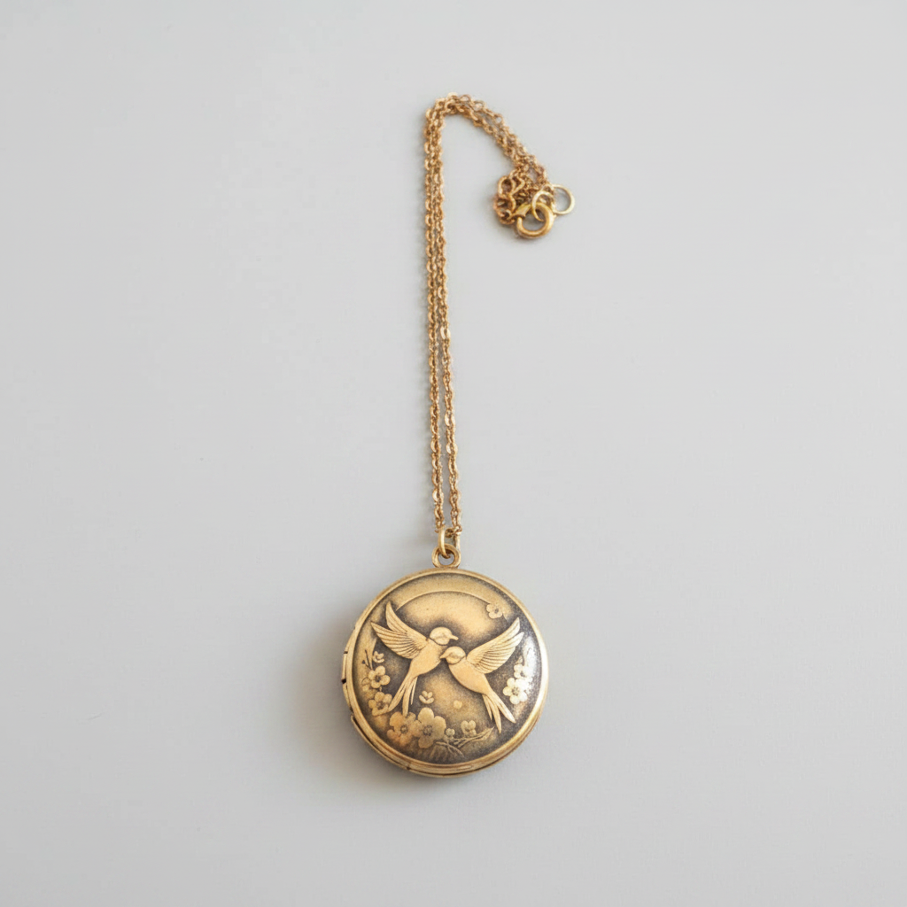 Engraved Brass Locket W/Chain 20mm Swallows