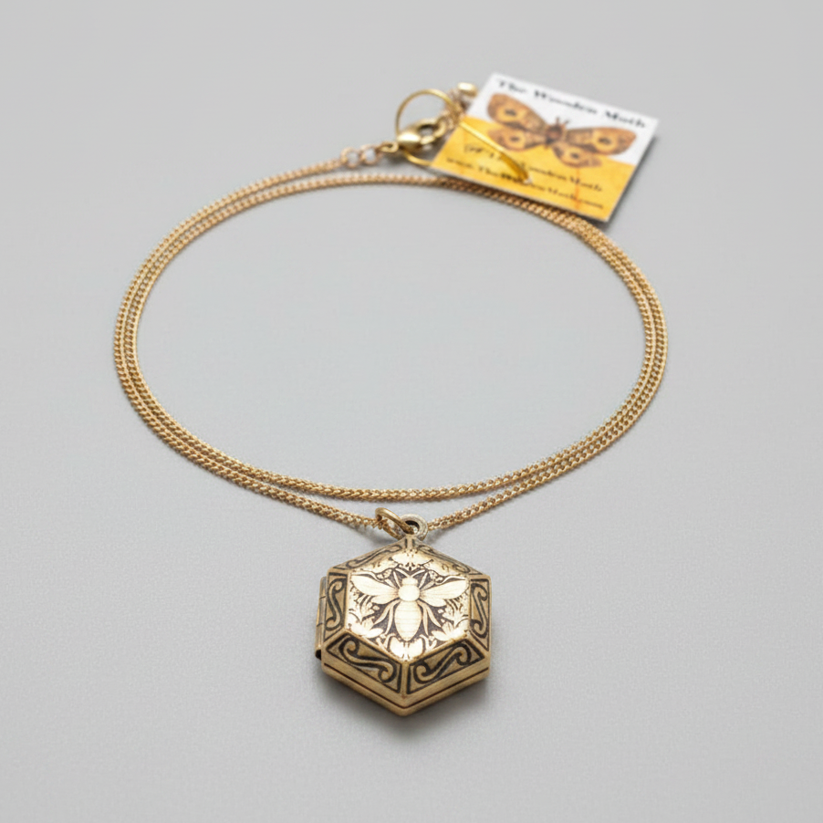 Engraved Brass Locket W/Chain Hex Bee 2