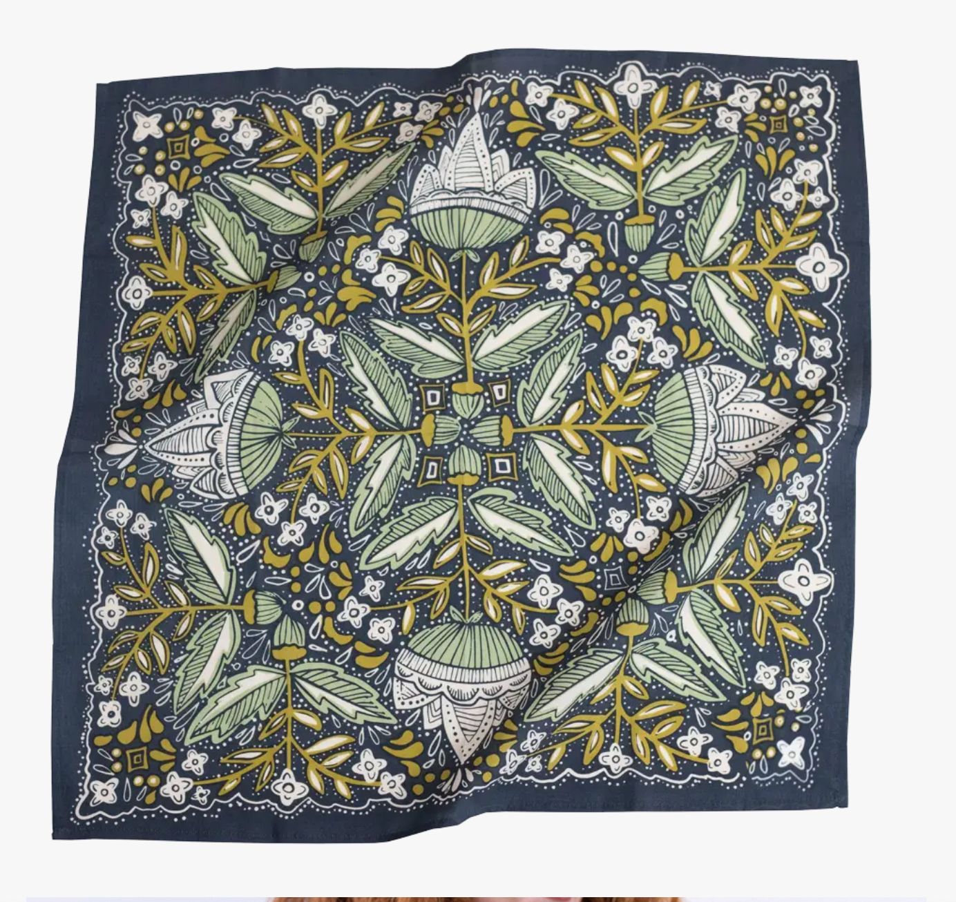 A square silk scarf featuring a detailed botanical and floral pattern in olive green, mustard yellow, and white on a dark navy blue background.