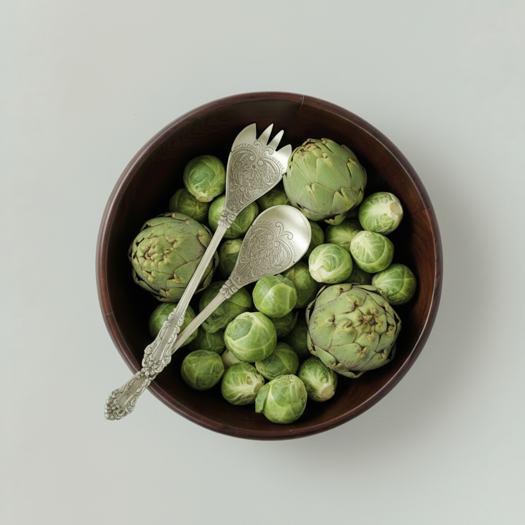 A top-down view of a dark brown wooden salad bowl containing artichokes and green beans, with two ornate serving spoons resting inside.