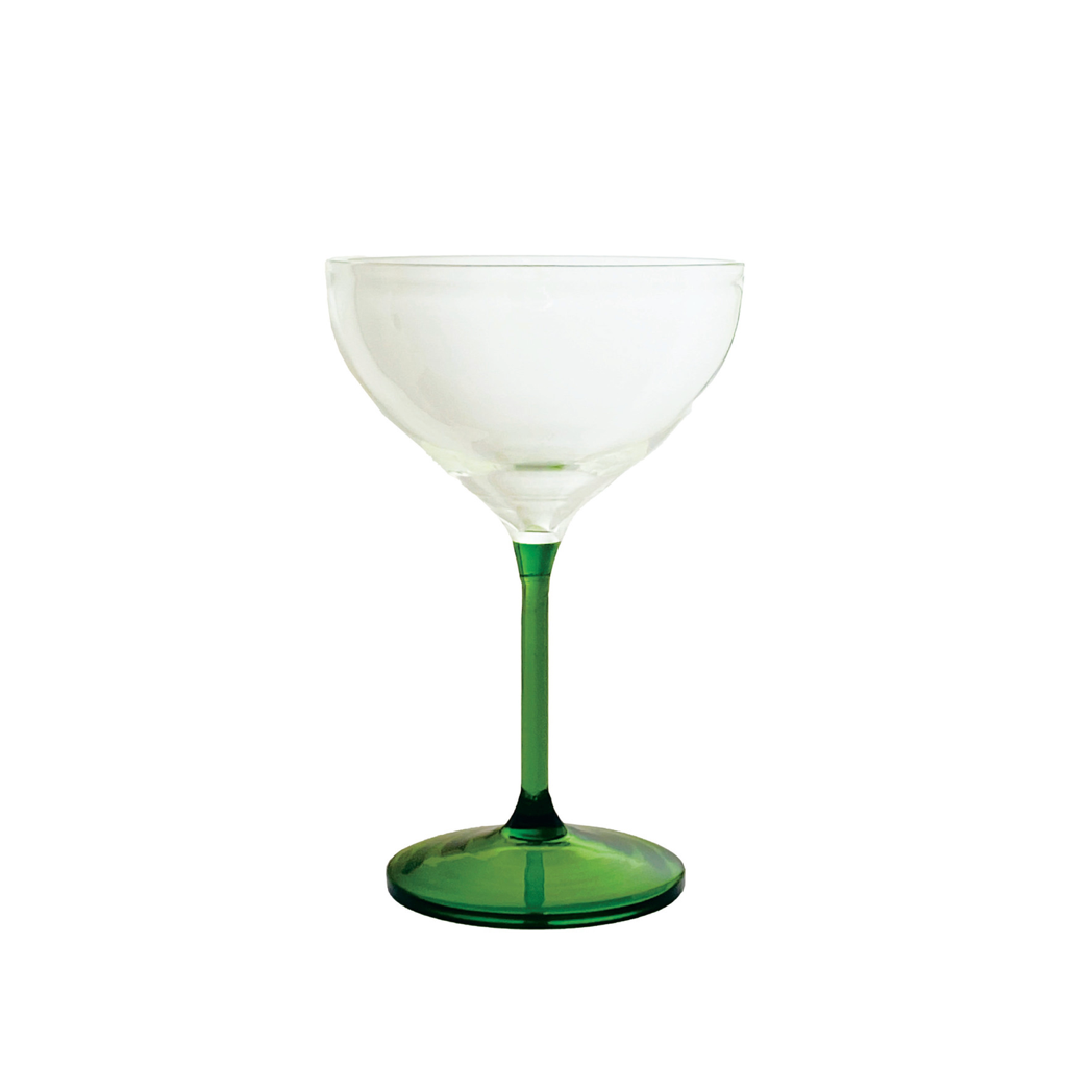 A coupe-style cocktail glass with a clear frosted cup and a vibrant green stem and base, isolated on a white background.