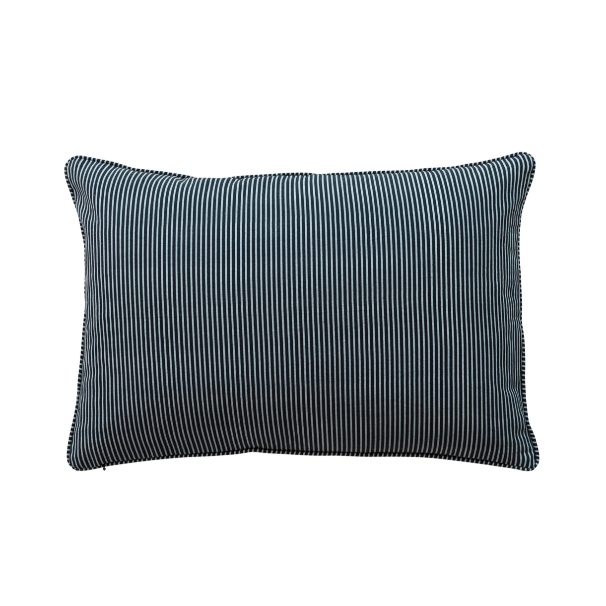 A rectangular lumbar pillow with a dark slate blue and white vertical stripe pattern, featuring a tufted edge and piped corners, shown on a plain white background.