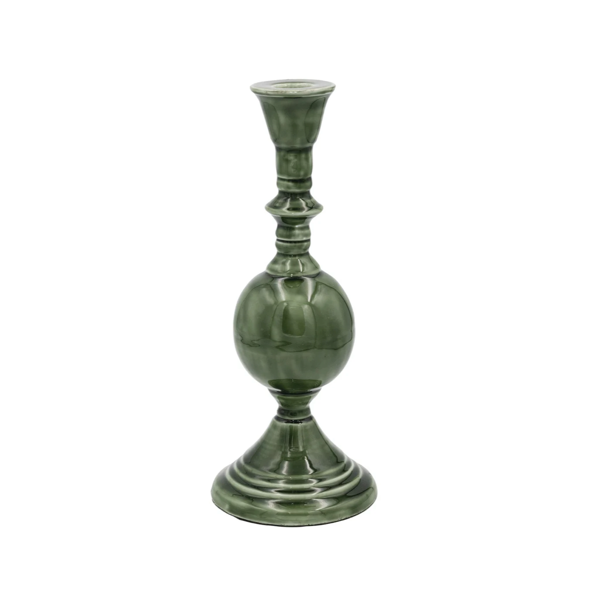 A single green ceramic candlestick holder with a glossy finish, featuring a flared base, a bulbous center, and a tapered cup at the top, set against a plain white background.