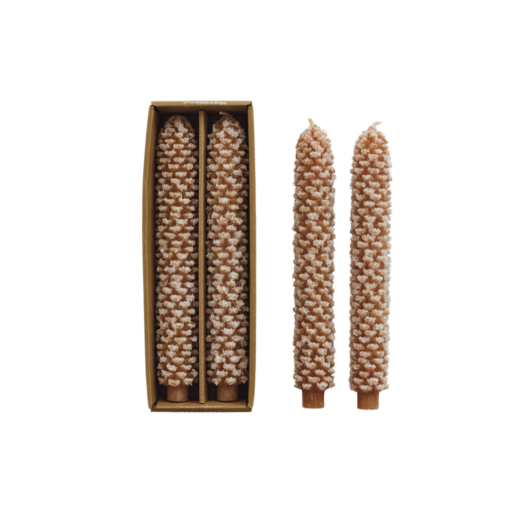 Unscented Wheat Pinecone Taper Candles - Snow Finish
