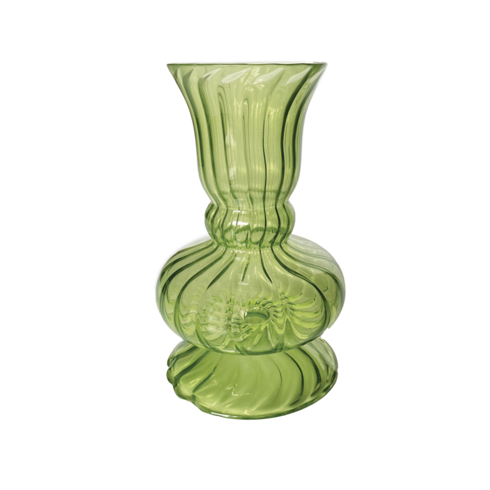 Hand-Blown Fluted Green Glass Vase