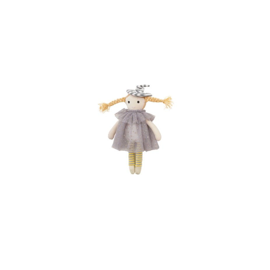 A small fabric witch doll with blonde braided pigtails, wearing a lavender-gray dress and a silver hat, centered on a plain white background.