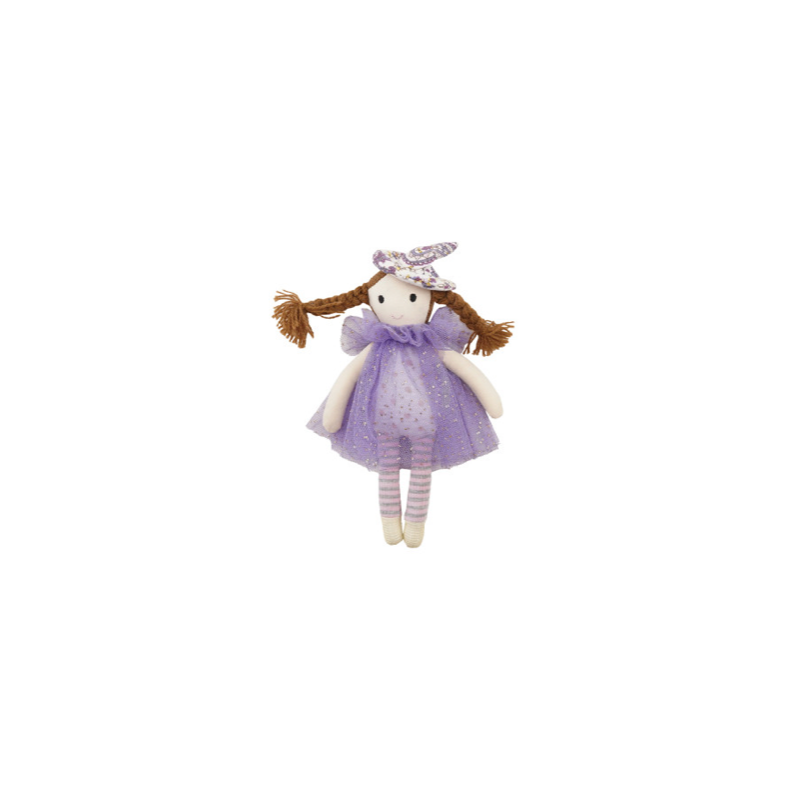 A small plush witch doll with brown pigtails, wearing a lavender dress and matching headpiece, centered on a plain white background.