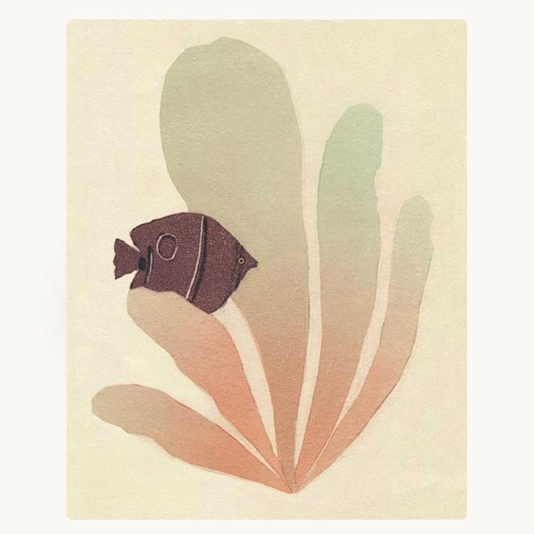 A minimalist art print featuring a small dark purple fish swimming among large, soft-edged abstract leaves in muted sage green and peach tones on a warm cream background.