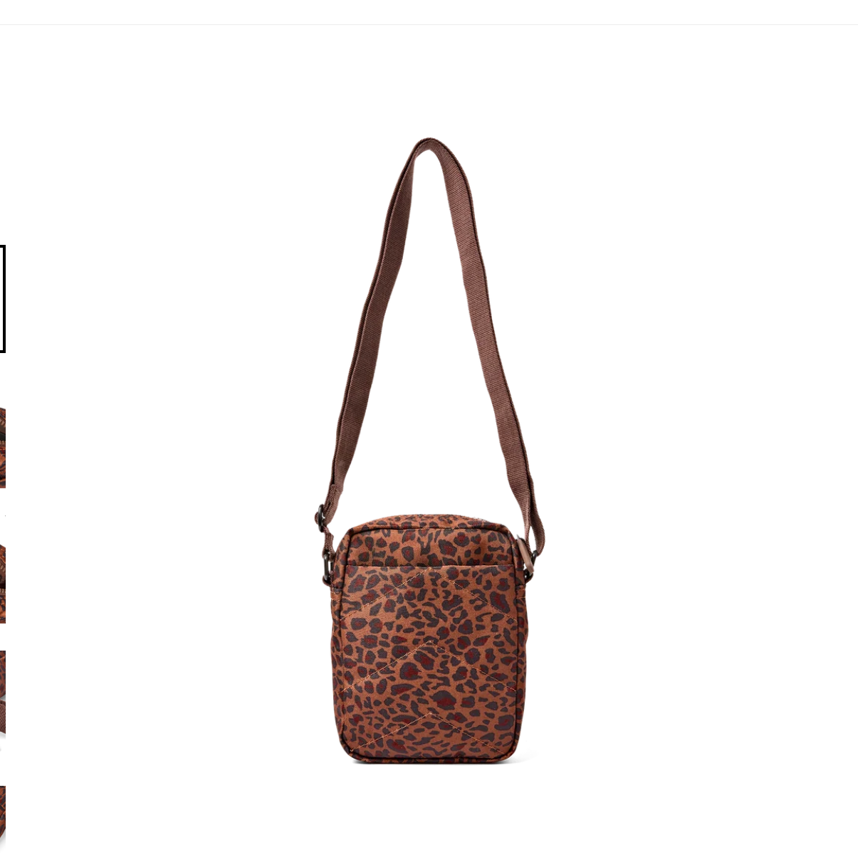 A small crossbody bag with a brown and black leopard print pattern and a matching brown shoulder strap, shown against a plain white background.