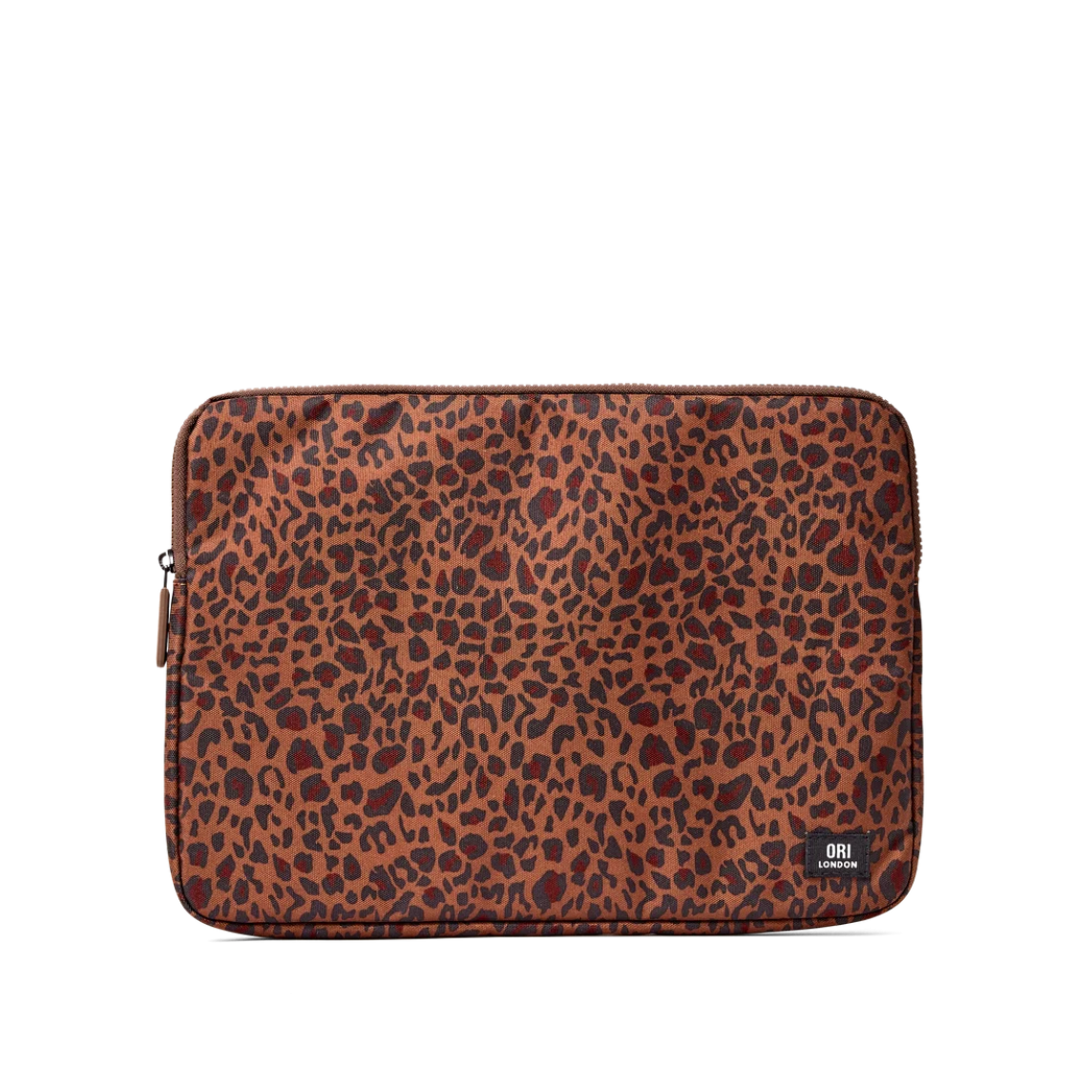 A laptop sleeve featuring a brown and black leopard print pattern, shown against a plain white background. A small black brand tag for 'OU LAKE' is visible in the bottom right corner.