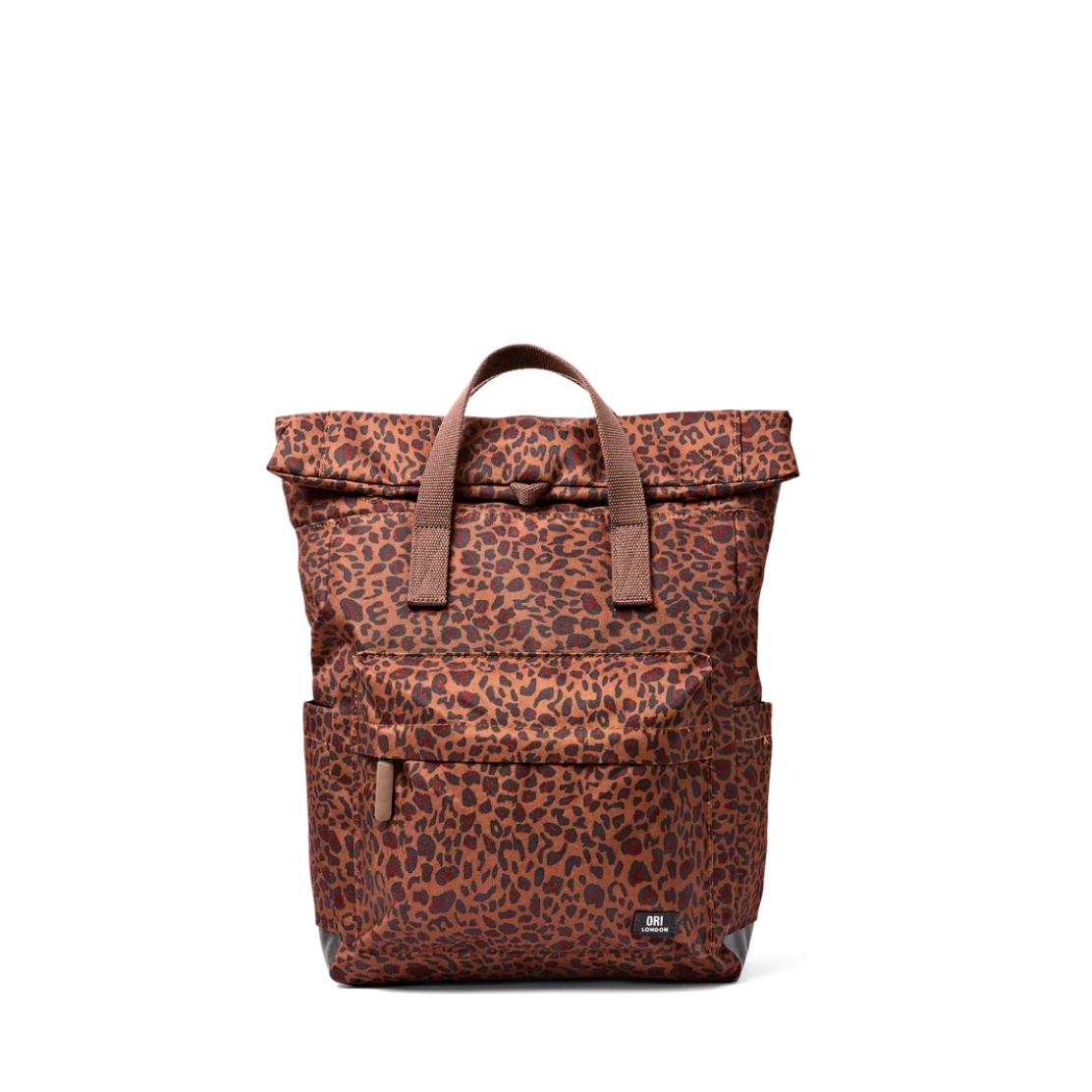 A brown and black leopard print backpack with brown leather handles and a front zip pocket, shown against a plain white background.
