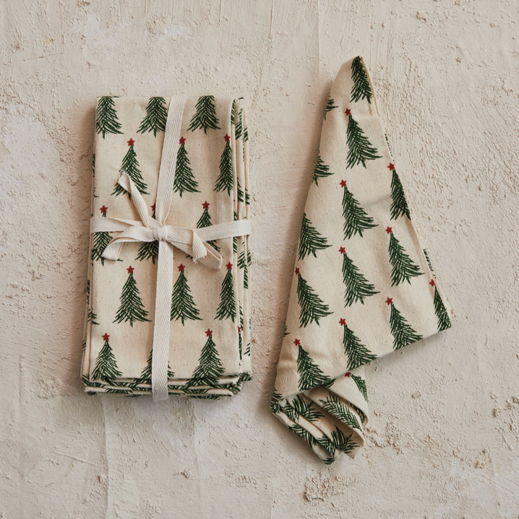 Stonewashed Cotton Printed Napkins w/ Christmas Tree Pattern, Set of 4 . 18"