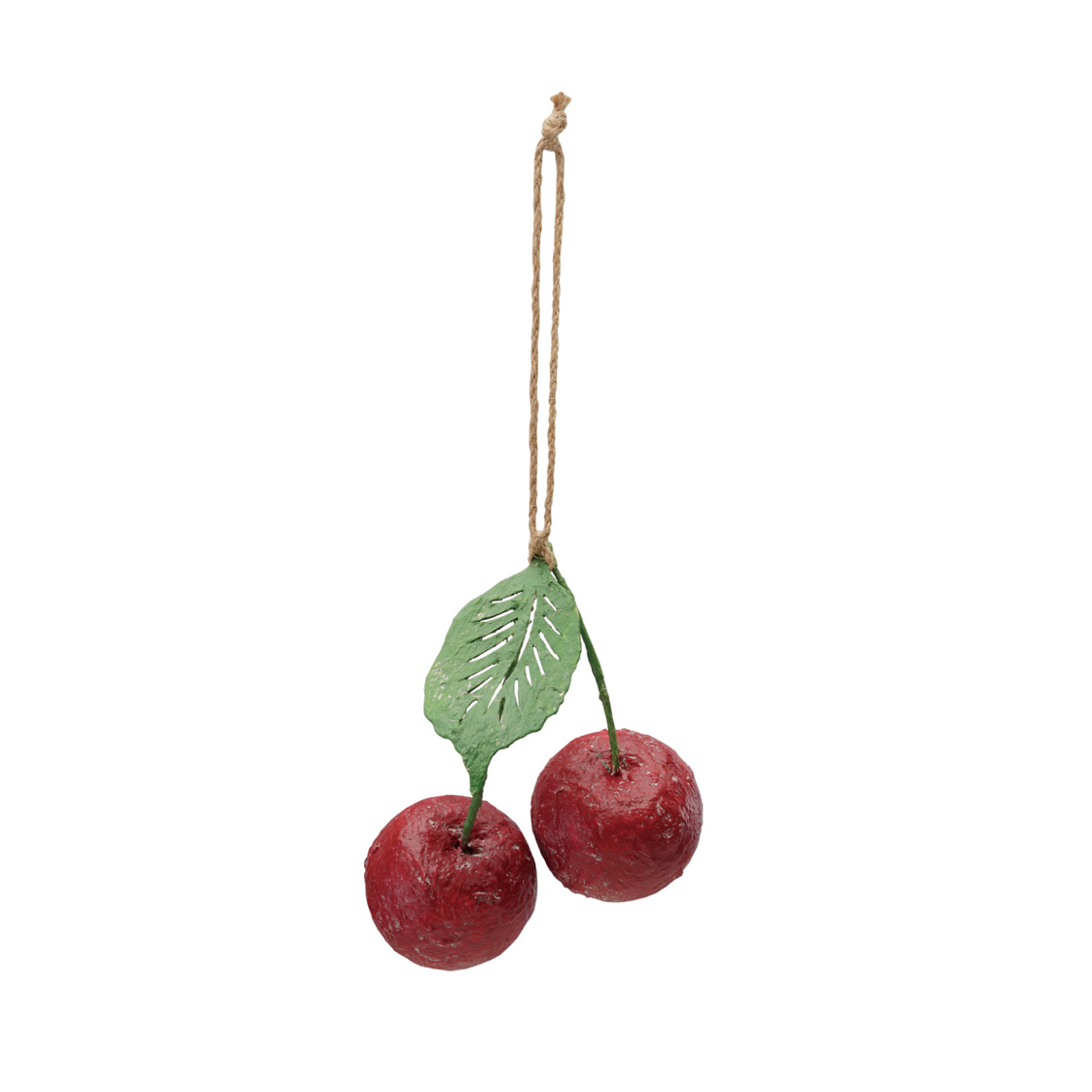 A decorative hanging ornament shaped like two red cherries with a green leaf and stem, suspended from a natural jute rope on a plain white background.