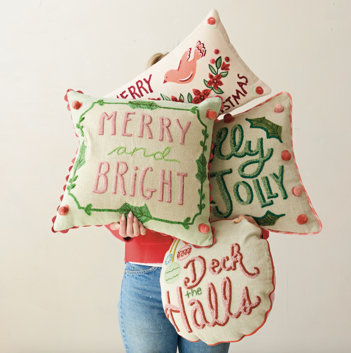 group of christmas pillows