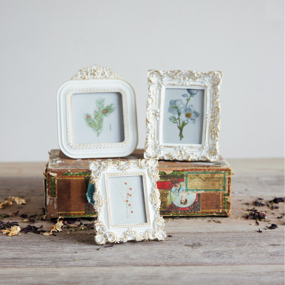 Three ornate vintage-style picture frames with silver and white carvings, each holding a small botanical illustration, arranged on top of and in front of a decorative antique-style box on a rustic wooden surface.
