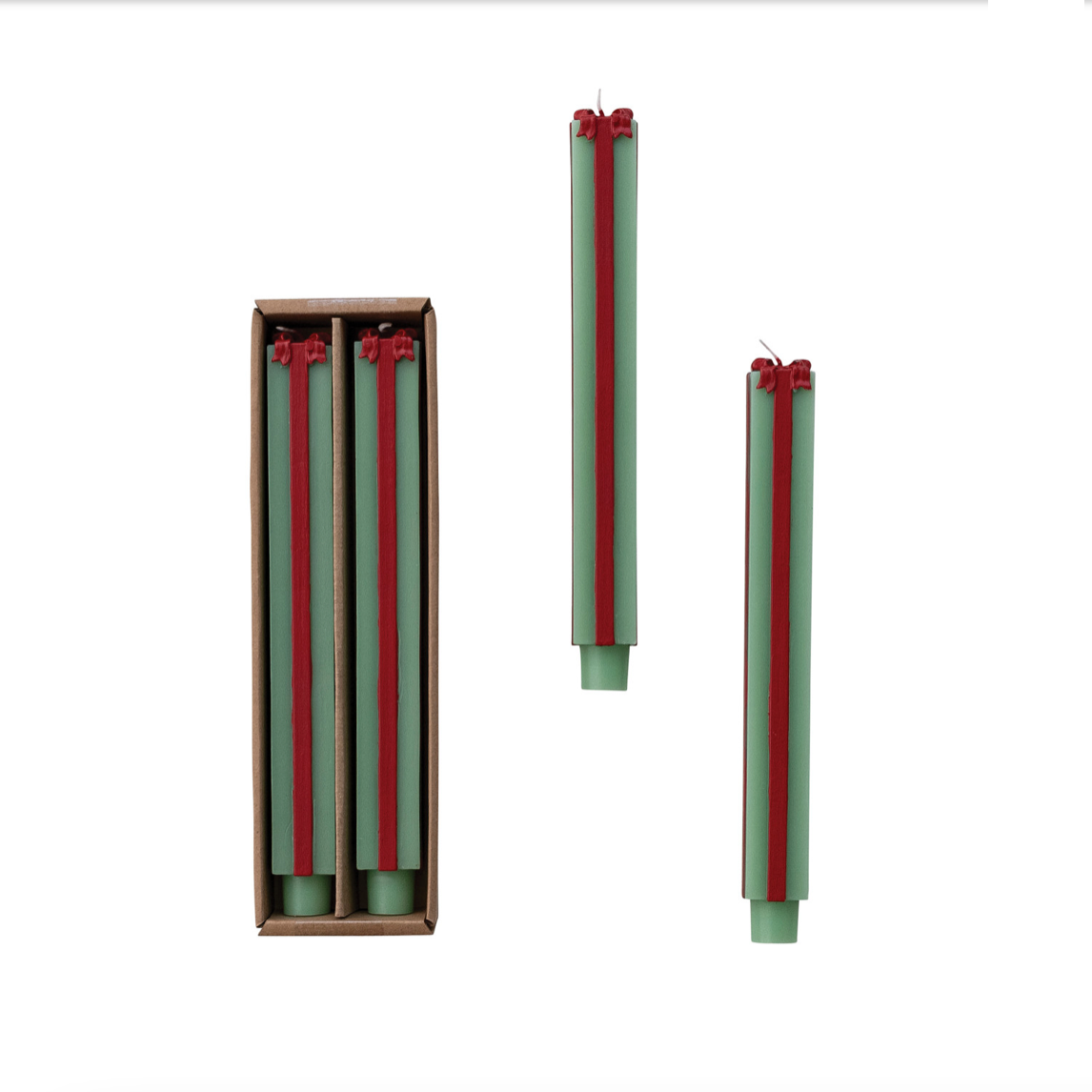 Unscented Package Shaped Taper Candles in Box in Green & Red - 10"