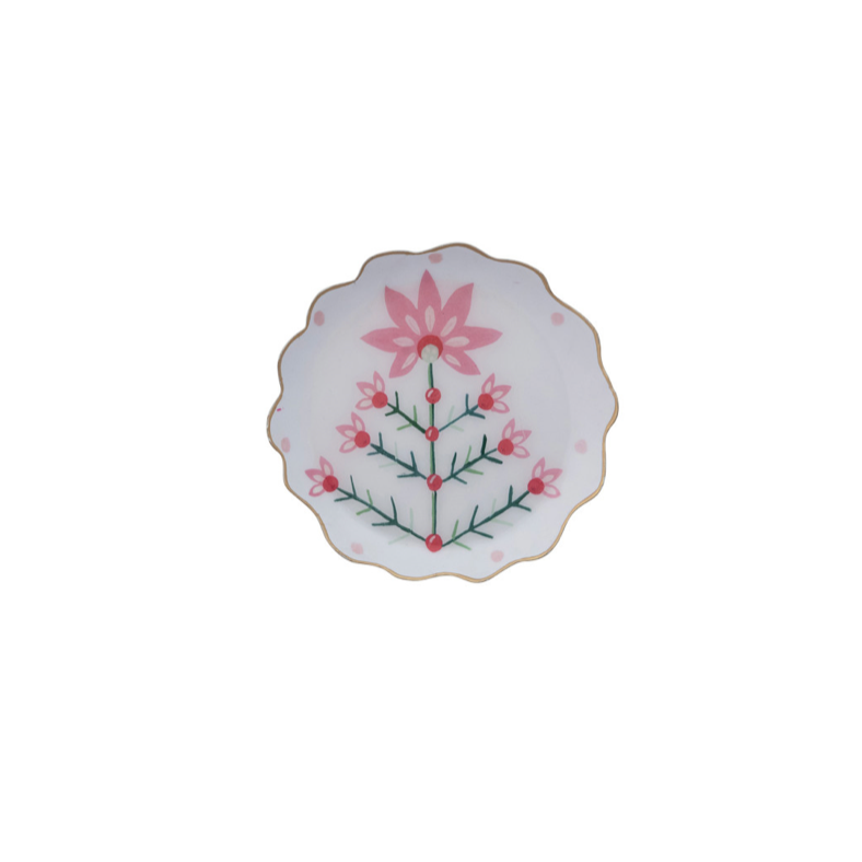 Scalloped Holiday Botanical Enamel Tray- 6" Round